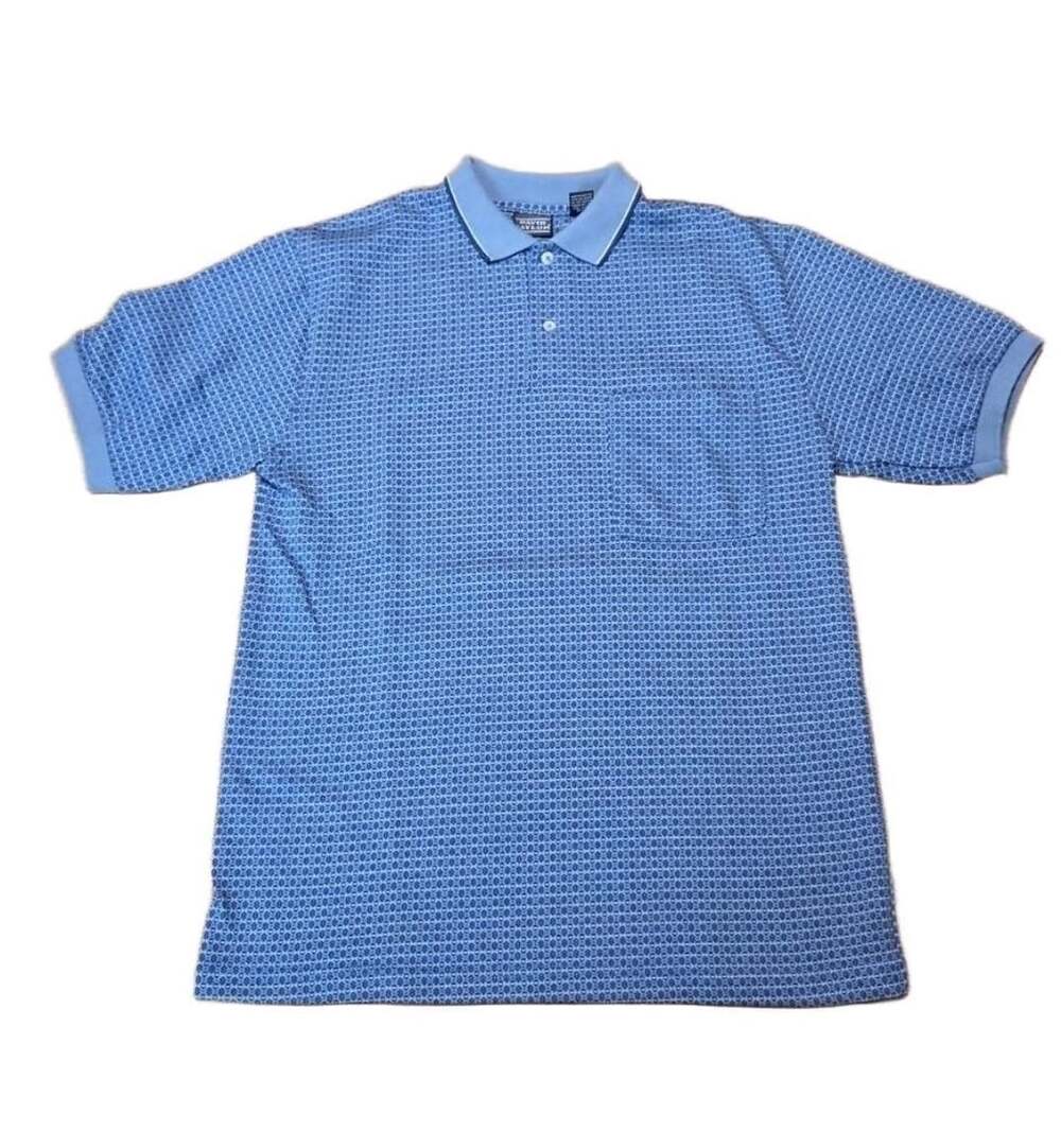 David Taylor Vintage Blue Geometric Pattern Short Sleeve Knit Polo Shirt Medium
